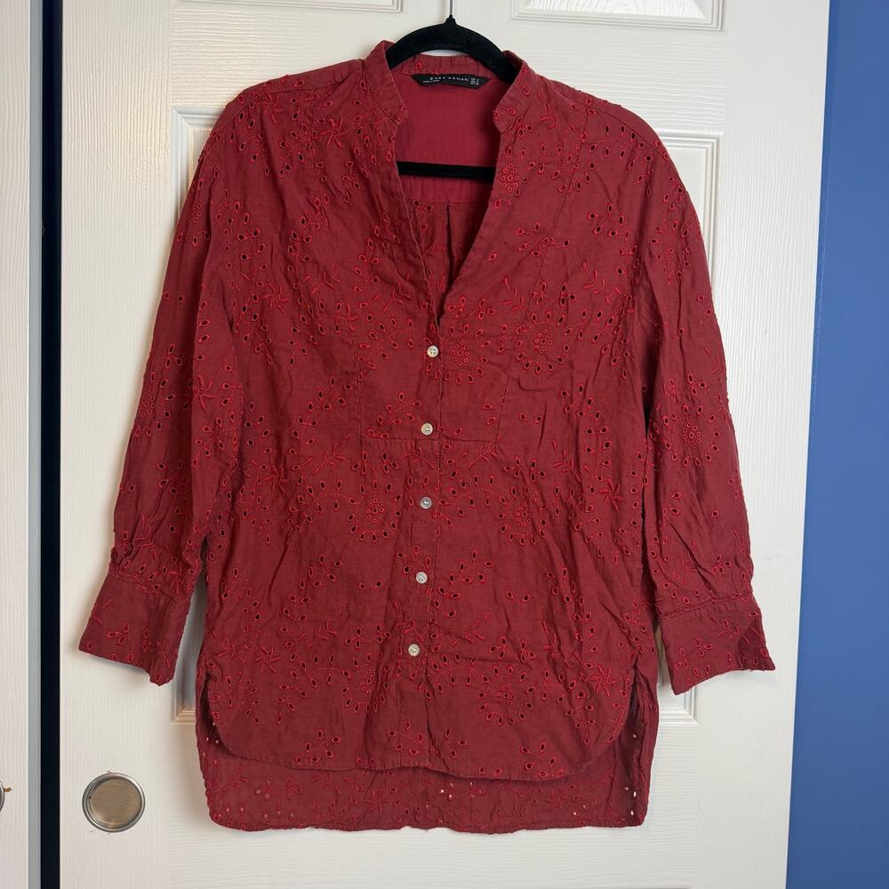 Zara Woman Red Eyelet Embroidered Button Up Tunic Blouse Medium M